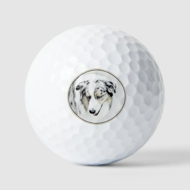 Australian Shepherd Painting - Original Dog Art Golf Balls (Front)