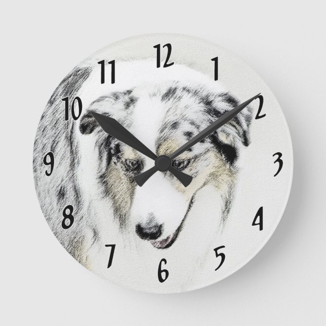 Australian Shepherd Painting - Original Dog Art Round Clock (Front)