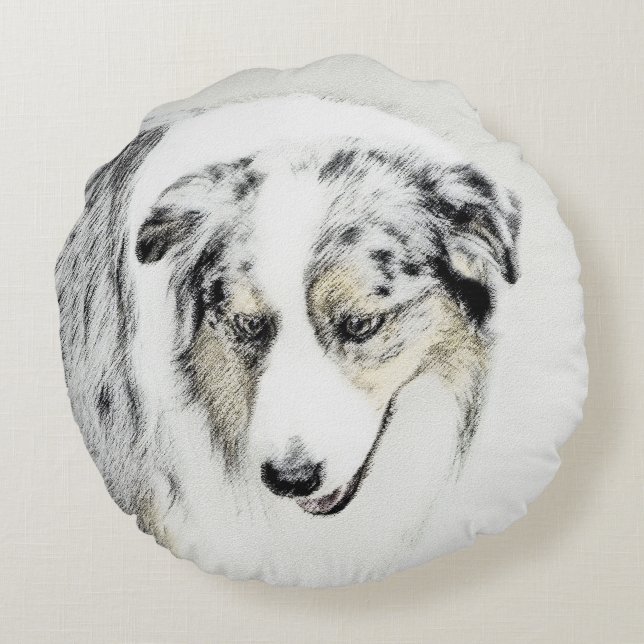 Australian Shepherd Painting - Original Dog Art Round Pillow (Back)