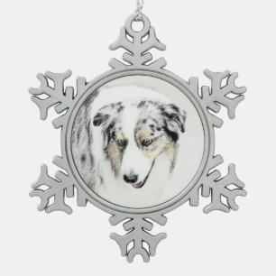 Australian Shepherd Painting - Original Dog Art Snowflake Pewter Christmas Ornament