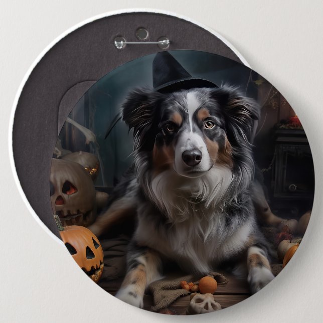 Australian Shepherd Pumpkins Halloween Scary Button (Front & Back)