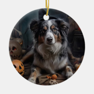 Australian Shepherd Pumpkins Halloween Scary Ceramic Ornament