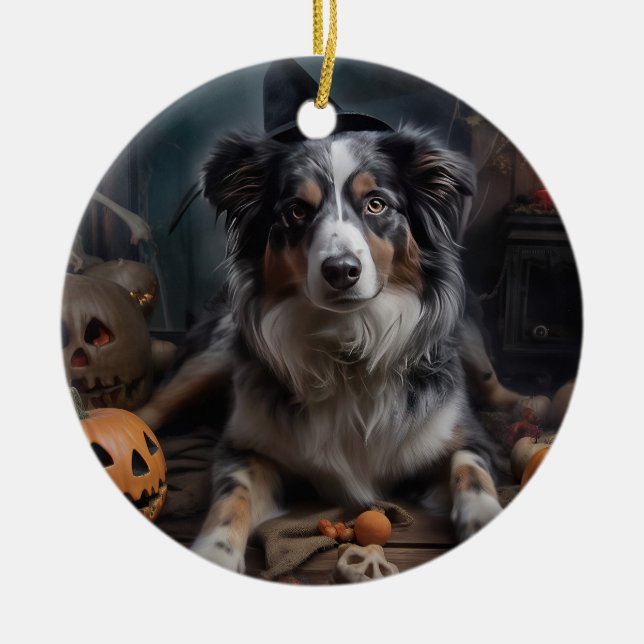 Australian Shepherd Pumpkins Halloween Scary Ceramic Ornament (Front)