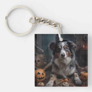 Australian Shepherd Pumpkins Halloween Scary Keychain