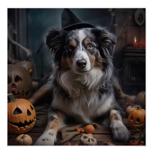 Australian Shepherd Pumpkins Halloween Scary Poster