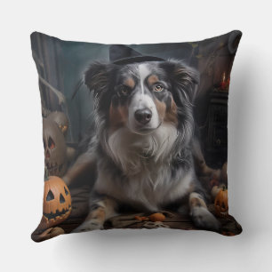 Australian Shepherd Pumpkins Halloween Scary Throw Pillow