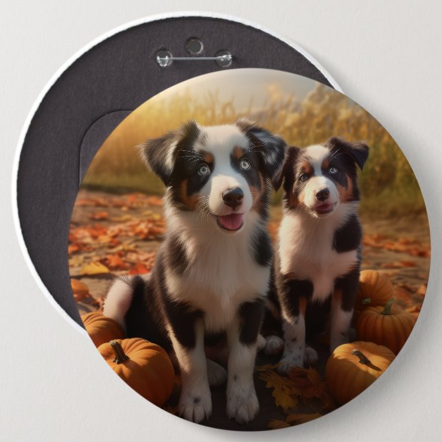 Australian Shepherd Puppy Autumn Delight Pumpkin Button (Front & Back)