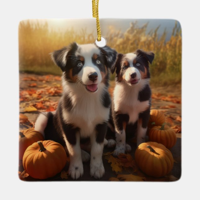Australian Shepherd Puppy Autumn Delight Pumpkin Ceramic Ornament (Front)