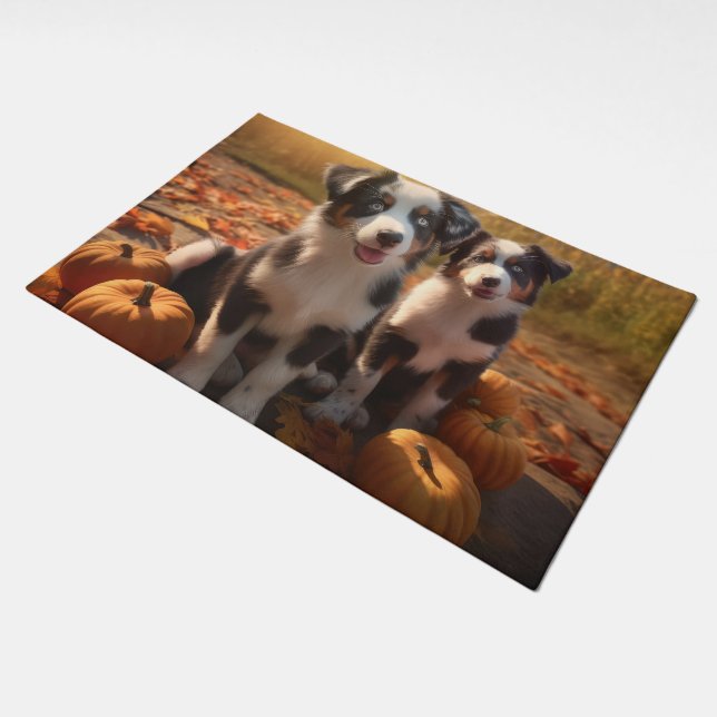 Australian Shepherd Puppy Autumn Delight Pumpkin Doormat (Angled)