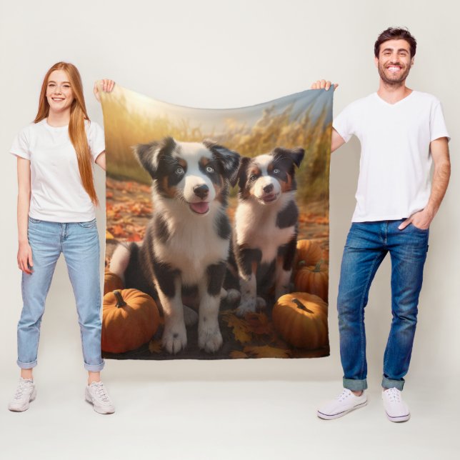 Australian Shepherd Puppy Autumn Delight Pumpkin Fleece Blanket (In Situ)