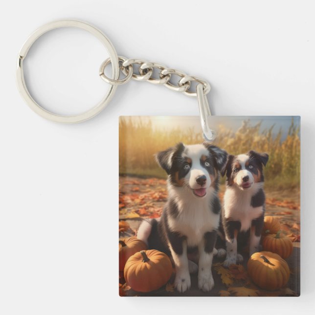 Australian Shepherd Puppy Autumn Delight Pumpkin Keychain (Front)