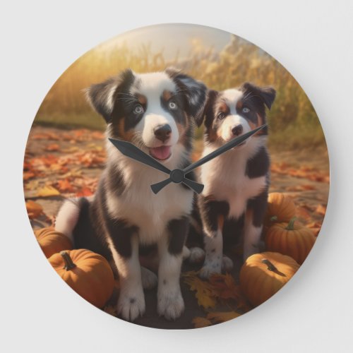 Australian Shepherd Puppy Autumn Delight Pumpkin Large Clock