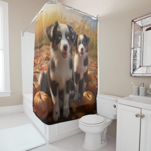 Australian Shepherd Puppy Autumn Delight Pumpkin Shower Curtain (In Situ)