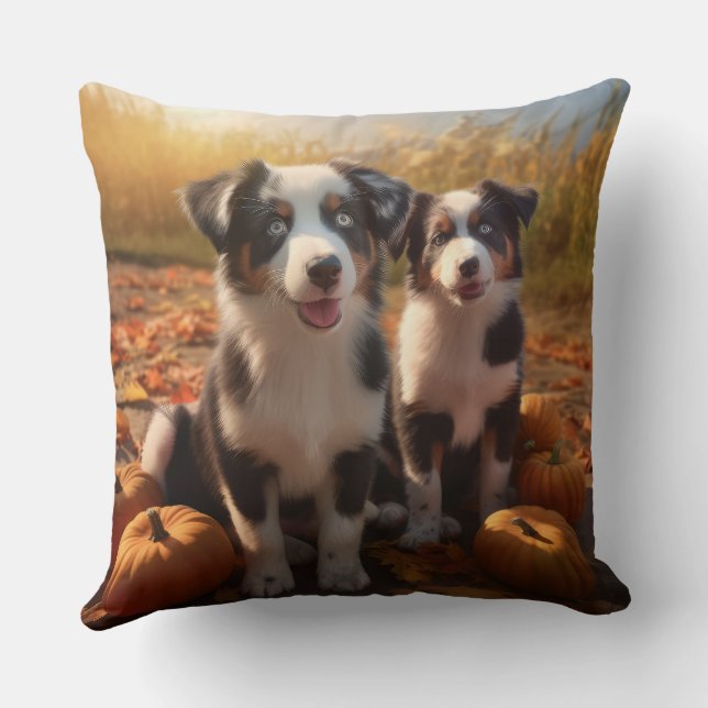 Australian Shepherd Puppy Autumn Delight Pumpkin Throw Pillow (Back)