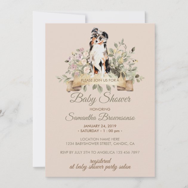 Australian Shepherd Puppy Baby Shower beige Invitation