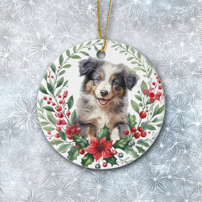 Australian Shepherd Puppy Poinsettia Wreath Ceramic Ornament (Creator Uploaded)