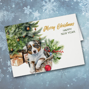 Australian Shepherd Puppy Wicker Basket Christmas Cards