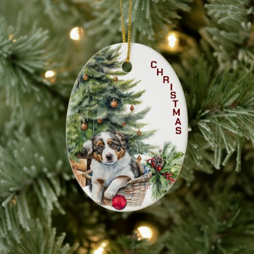 Australian Shepherd Puppy Wicker Basket Christmas Ceramic Ornament