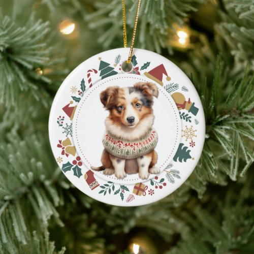 Australian Shepherd Puppy Winter Sweater Christmas Ceramic Ornament