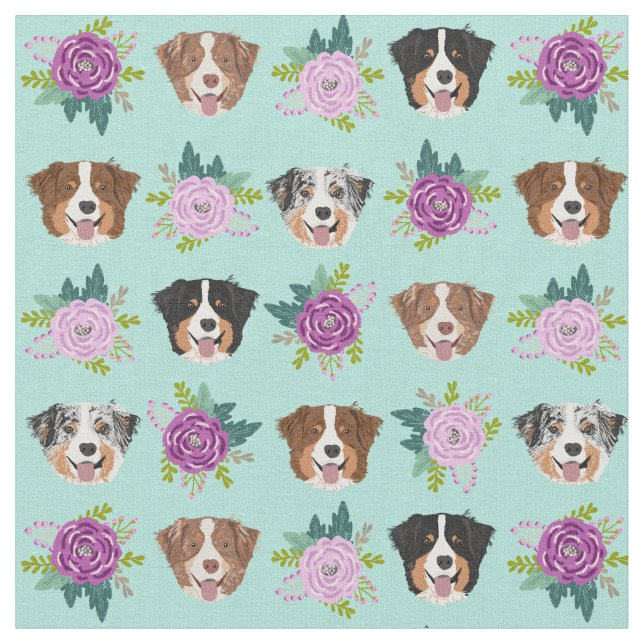 Australian Shepherd purple florals mint Fabric (Close Up)