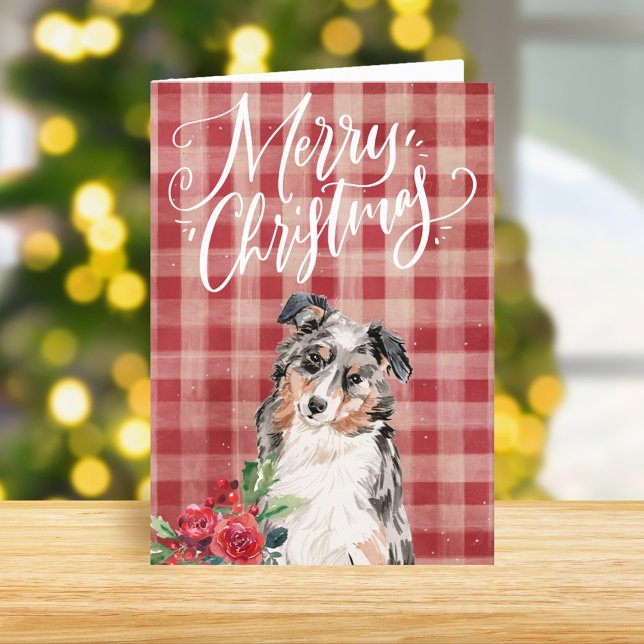 Australian Shepherd Red Plaid Christmas Holiday Card (Creator Uploaded)