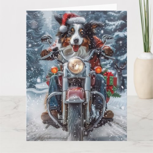 Australian Shepherd Riding Motorcycle Christmas Card