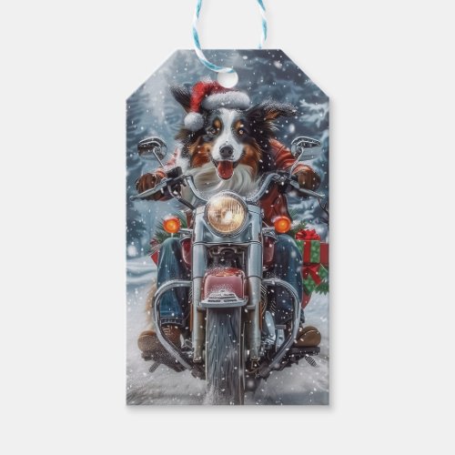 Australian Shepherd Riding Motorcycle Christmas Gift Tags