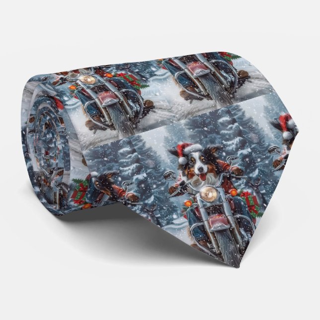 Australian Shepherd Riding Motorcycle Christmas Neck Tie (Rolled)