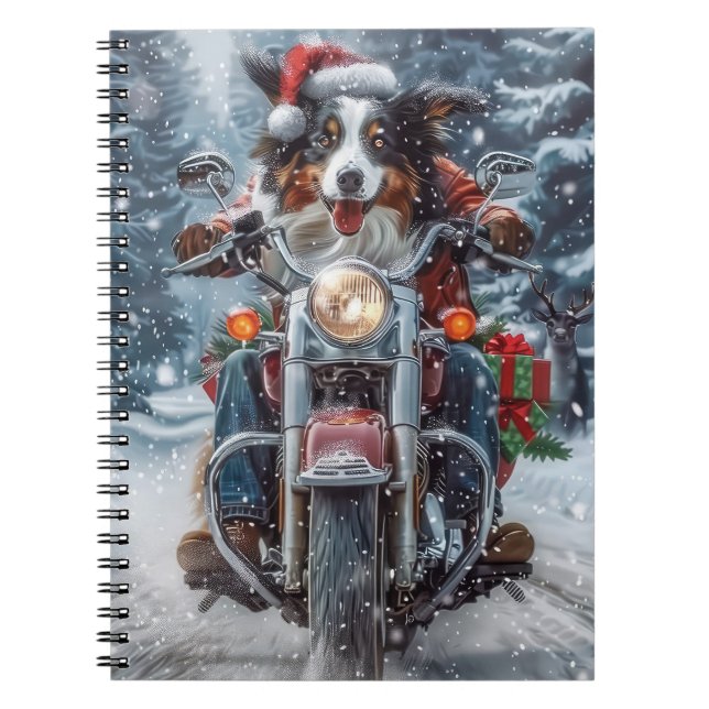 Australian Shepherd Riding Motorcycle Christmas Notebook (Front)