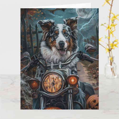 Australian Shepherd Riding Motorcycle Halloween Card