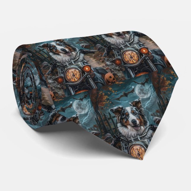 Australian Shepherd Riding Motorcycle Halloween Neck Tie (Rolled)