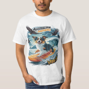 Australian Shepherd Riding the Crest Surfing T-Shirt
