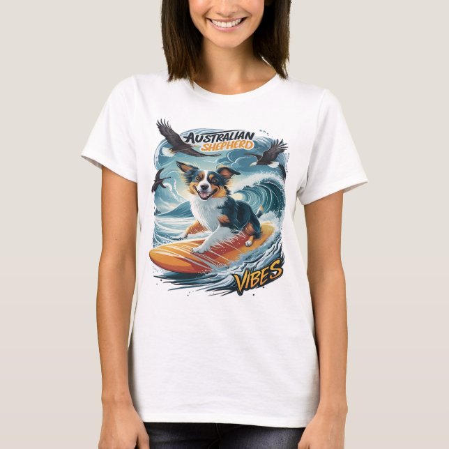 Australian Shepherd  Riding the Crest Surfing T-Shirt (Front)