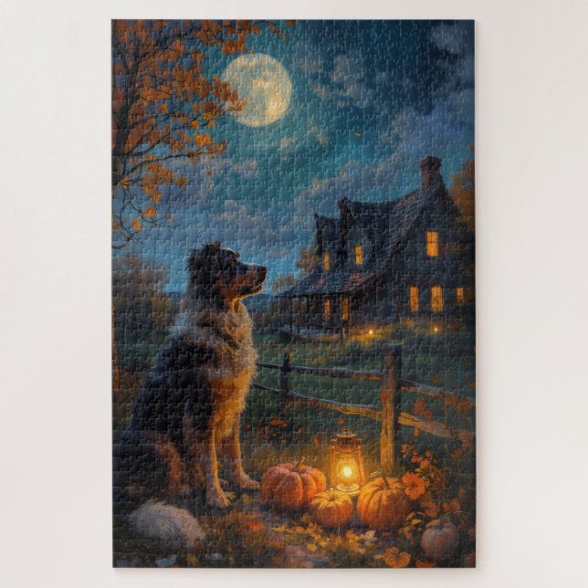 Australian Shepherd Rustic Halloween Moonlight Art Jigsaw Puzzle (Vertical)