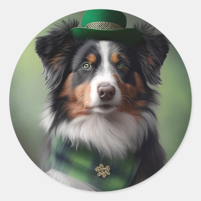 australian shepherd saint patrick classic round sticker (Front)
