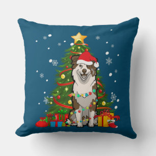 Australian shepherd Santa Christmas Tree Light Throw Pillow