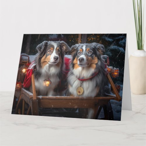 Australian Shepherd Snowy Sleigh Christmas Decor Card