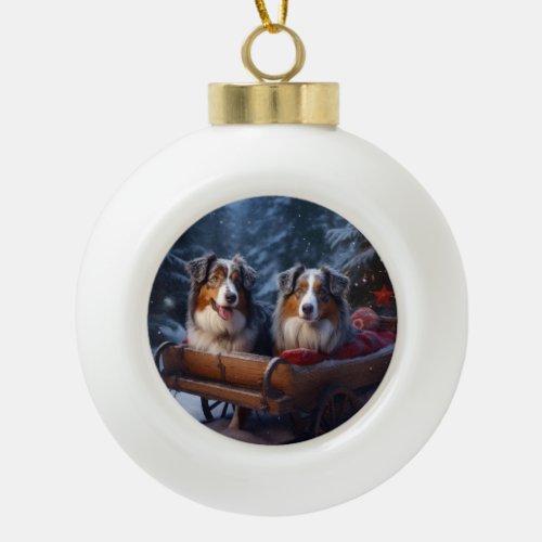 Australian Shepherd Snowy Sleigh Christmas Decor Ceramic Ball Christmas Ornament