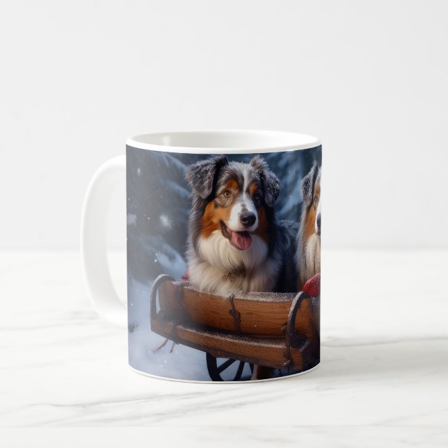 Australian Shepherd Snowy Sleigh Christmas Decor Coffee Mug (Front Left)