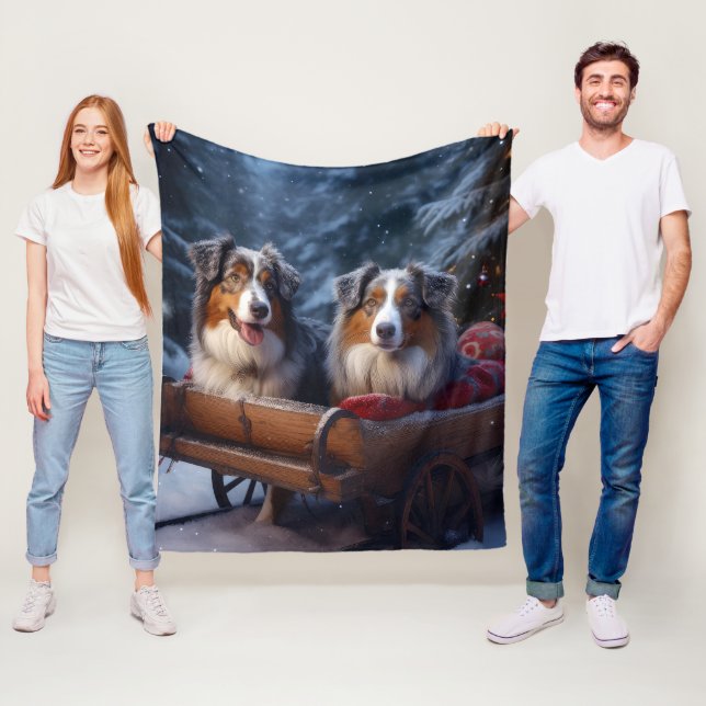 Australian Shepherd Snowy Sleigh Christmas Decor Fleece Blanket (In Situ)