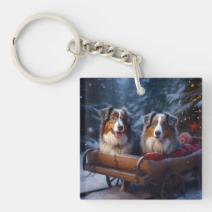 Australian Shepherd Snowy Sleigh Christmas Decor Keychain