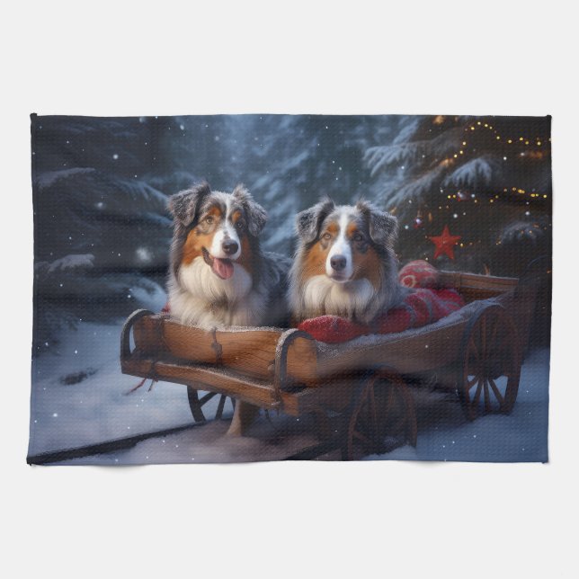 Australian Shepherd Snowy Sleigh Christmas Decor Kitchen Towel (Horizontal)