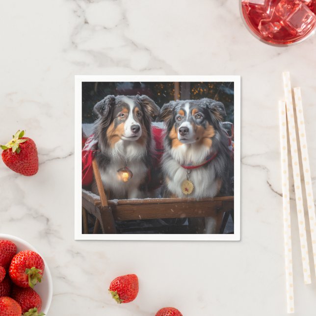 Australian Shepherd Snowy Sleigh Christmas Decor Napkins (Insitu)