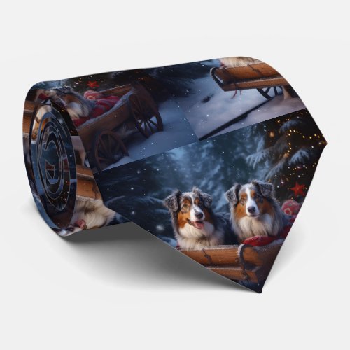 Australian Shepherd Snowy Sleigh Christmas Decor Neck Tie