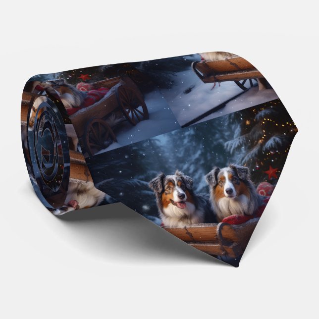 Australian Shepherd Snowy Sleigh Christmas Decor Neck Tie (Rolled)