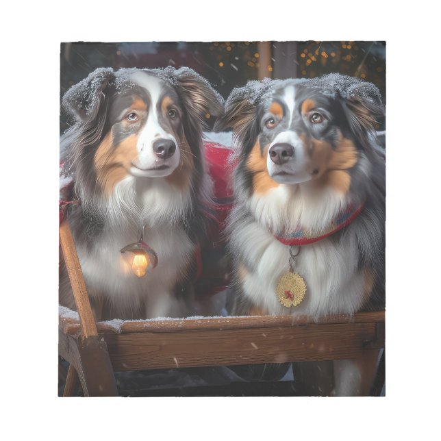 Australian Shepherd Snowy Sleigh Christmas Decor Notepad (Front)