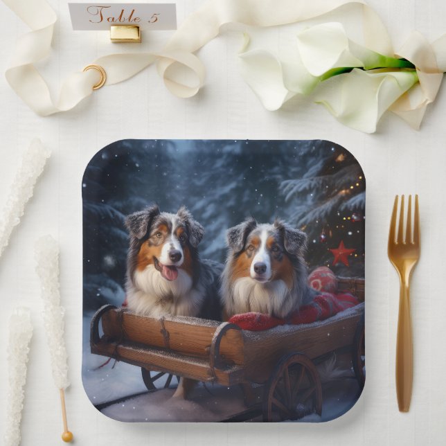 Australian Shepherd Snowy Sleigh Christmas Decor Paper Plates (Wedding)