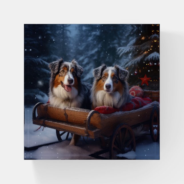 Australian Shepherd Snowy Sleigh Christmas Decor Paperweight (Front)