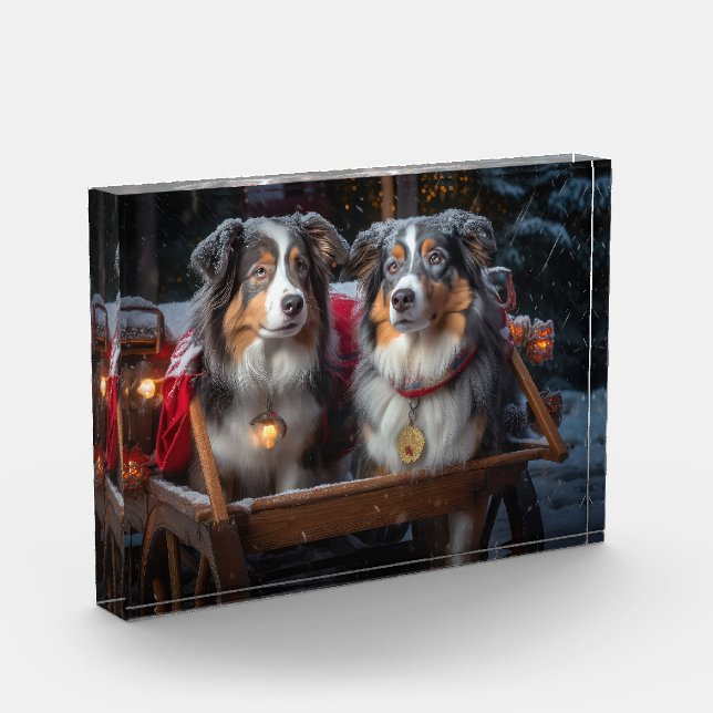 Australian Shepherd Snowy Sleigh Christmas Decor Photo Block (Left)