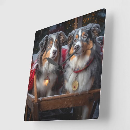 Australian Shepherd Snowy Sleigh Christmas Decor Square Wall Clock